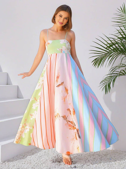 Cocolii robe longue de vacances rayé fleurie à fines brides sans manches femme élégant mignon décontracté