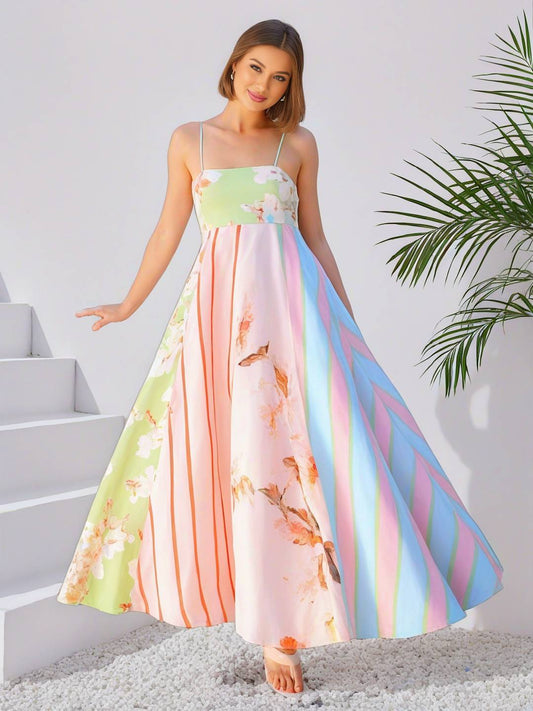 Cocolii robe longue de vacances rayé fleurie à fines brides sans manches femme élégant mignon décontracté