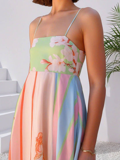 Cocolii robe longue de vacances rayé fleurie à fines brides sans manches femme élégant mignon décontracté