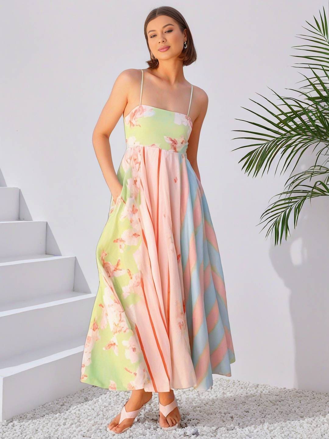 Cocolii robe longue de vacances rayé fleurie à fines brides sans manches femme élégant mignon décontracté