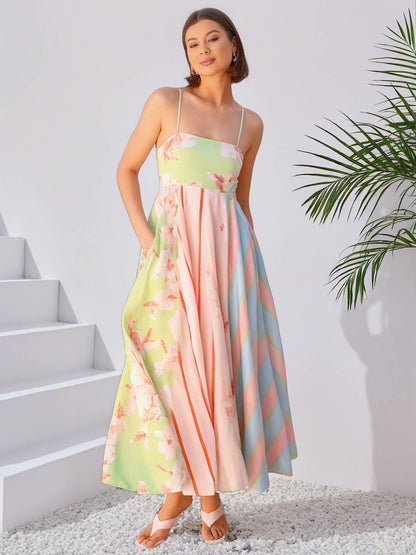 Cocolii robe longue de vacances rayé fleurie à fines brides sans manches femme élégant mignon décontracté