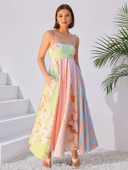 Cocolii robe longue de vacances rayé fleurie à fines brides sans manches femme élégant mignon décontracté