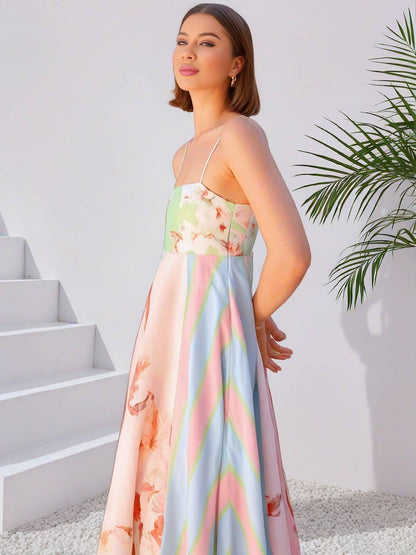 Cocolii robe longue de vacances rayé fleurie à fines brides sans manches femme élégant mignon décontracté