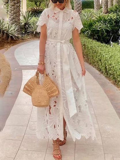 Cocolii robe longue dentelle boutonnage ceinture col chemise manches courtes femme élégant style tailleur décontracté