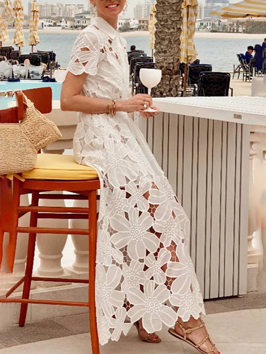 Cocolii robe longue dentelle boutonnage ceinture col chemise manches courtes femme élégant style tailleur décontracté