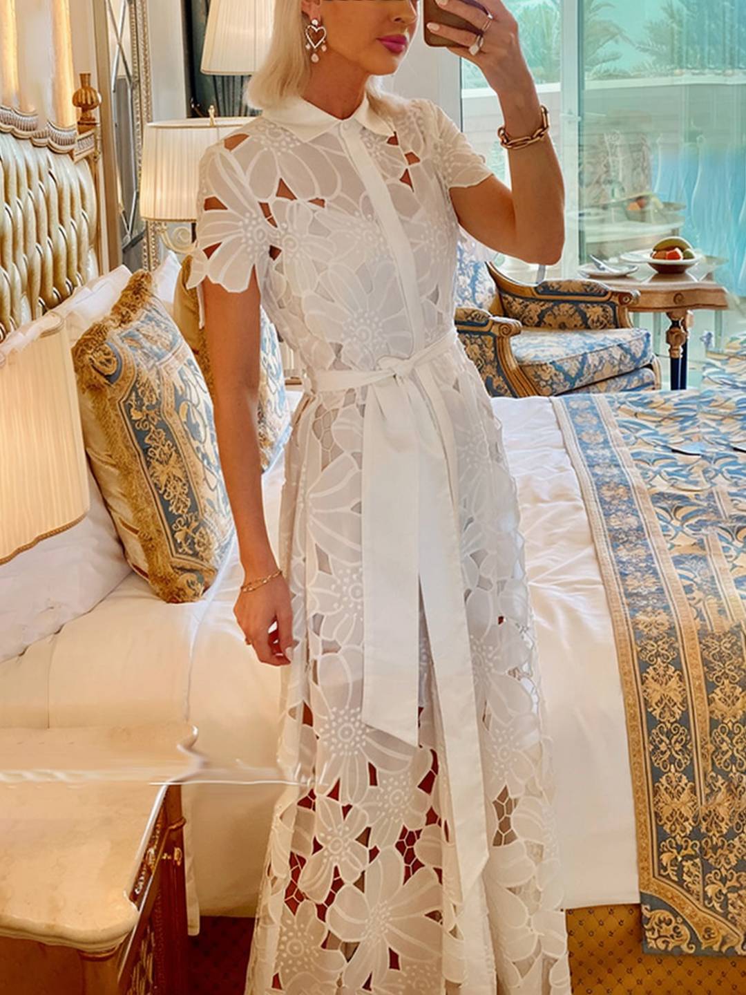 Cocolii robe longue dentelle boutonnage ceinture col chemise manches courtes femme élégant style tailleur décontracté