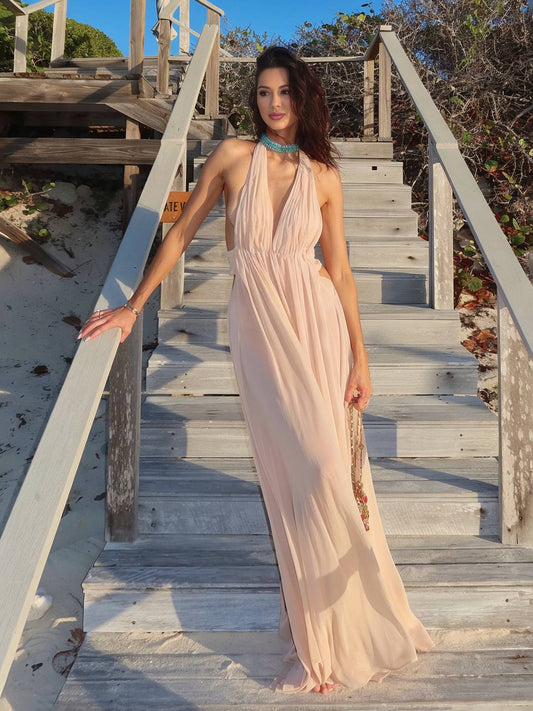 Cocolii robe longue découpes dos nu licou décolleté plongeant sans manches femme élégant de soirée pour mariage robe de plage