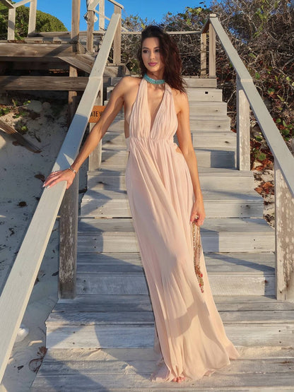 Cocolii robe longue découpes dos nu licou décolleté plongeant sans manches femme élégant de soirée pour mariage robe de plage