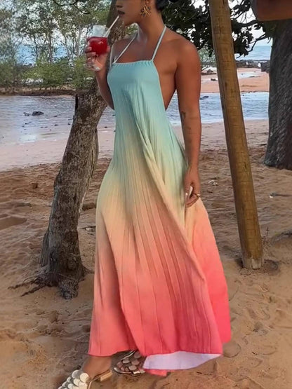 Cocolii robe longue couleur dégradé licou dos nu sans manches décontracté lâche ample casual robe de plage de vacances