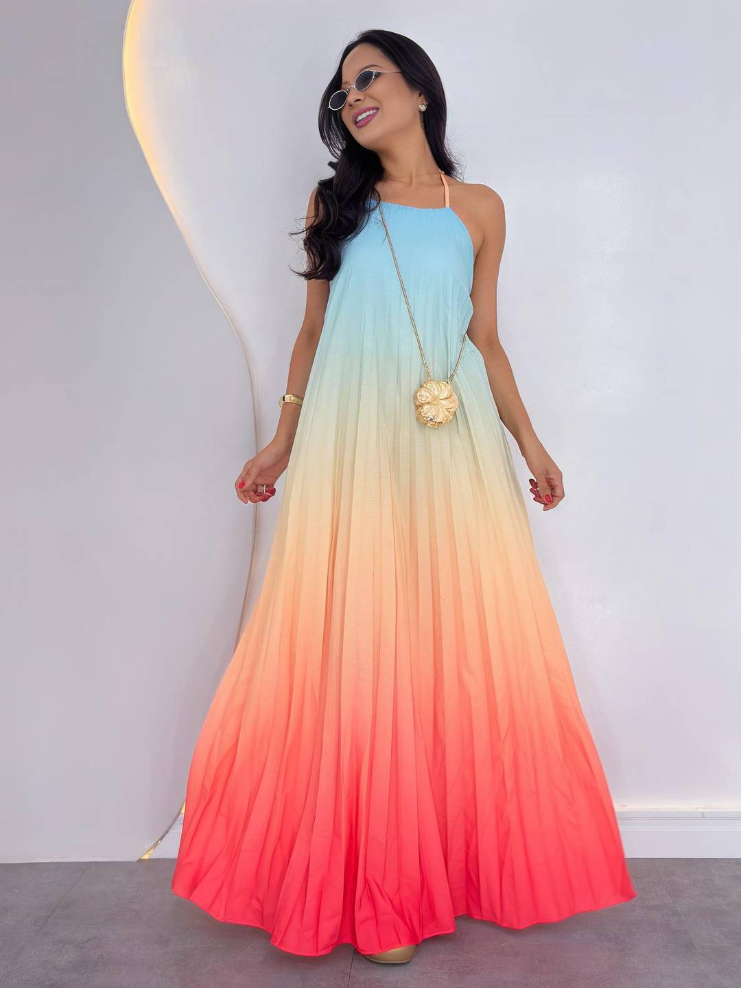 Cocolii robe longue couleur dégradé licou dos nu sans manches décontracté lâche ample casual robe de plage de vacances