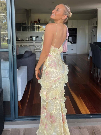 Cocolii robe longue à volantée imprimé à fleurie pour femme idéale pour les vacances à la plage ou en été