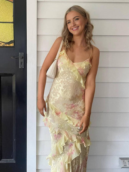 Cocolii robe longue à volantée imprimé à fleurie pour femme idéale pour les vacances à la plage ou en été