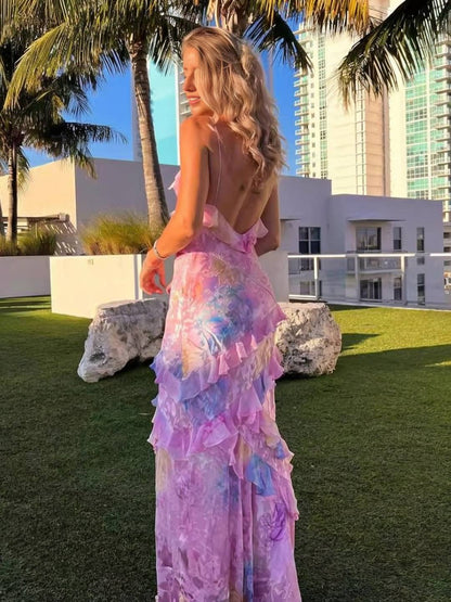 Cocolii robe longue à volantée imprimé à fleurie pour femme idéale pour les vacances à la plage ou en été