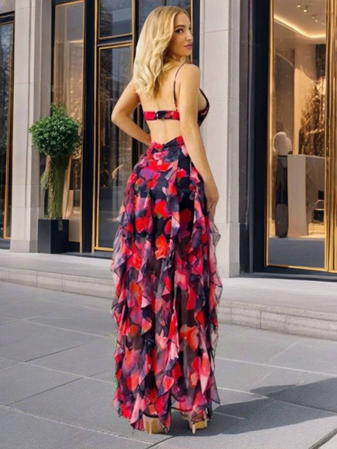 Cocolii robe longue mousseline imprimé à fleurie à volantée dos nu v-cou sans manches femme décontracté bal de promo de plage