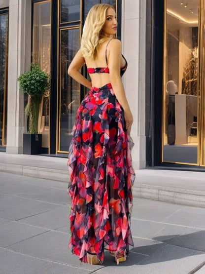 Cocolii robe longue mousseline imprimé à fleurie à volantée dos nu v-cou sans manches femme décontracté bal de promo de plage