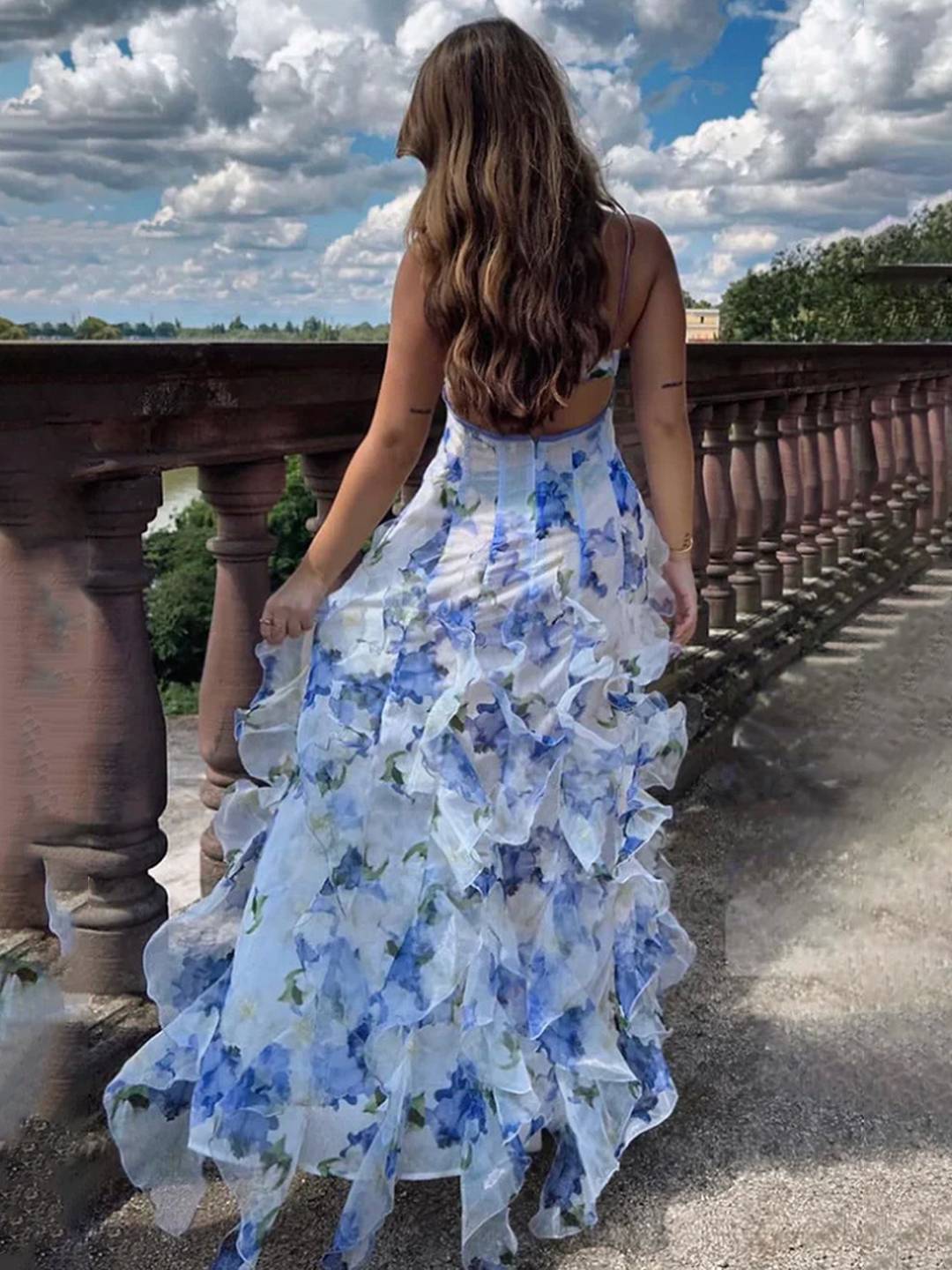 Cocolii robe longue mousseline imprimé à fleurie à volantée dos nu v-cou sans manches femme décontracté bal de promo de plage