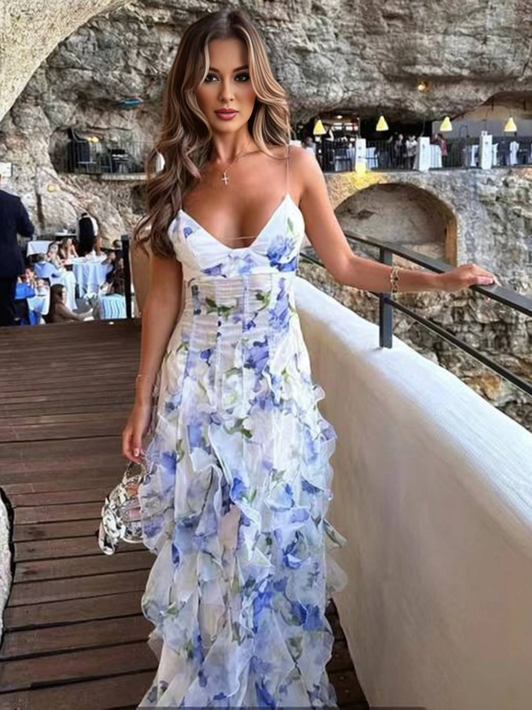 Cocolii robe longue mousseline imprimé à fleurie à volantée dos nu v-cou sans manches femme décontracté bal de promo de plage