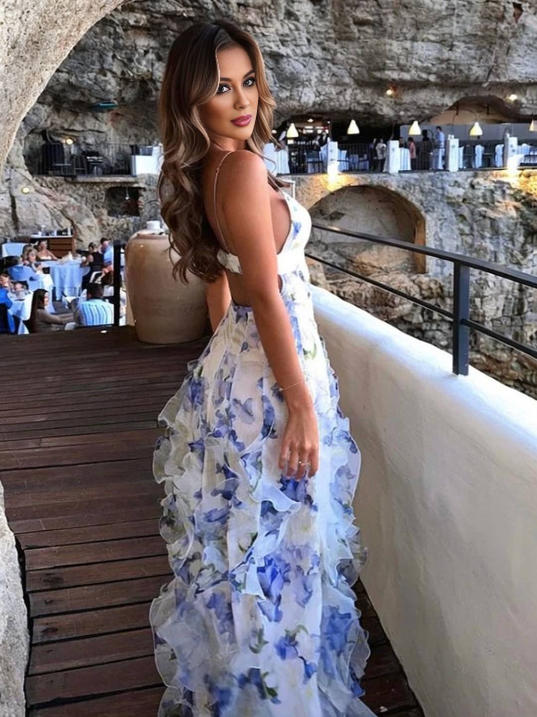 Cocolii robe longue mousseline imprimé à fleurie à volantée dos nu v-cou sans manches femme décontracté bal de promo de plage