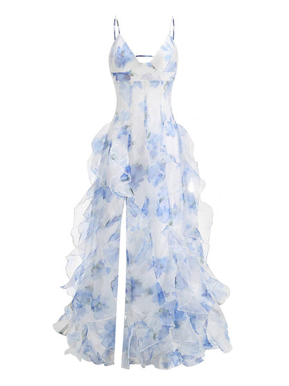 Cocolii robe longue mousseline imprimé à fleurie à volantée dos nu v-cou sans manches femme décontracté bal de promo de plage