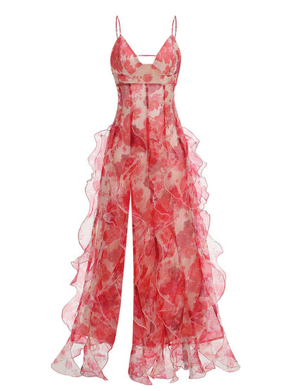 Cocolii robe longue mousseline imprimé à fleurie à volantée dos nu v-cou sans manches femme décontracté bal de promo de plage