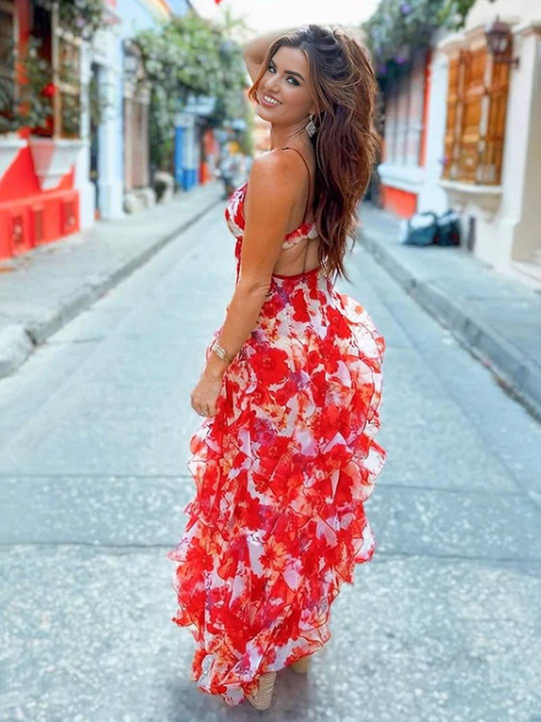 Cocolii robe longue mousseline imprimé à fleurie à volantée dos nu v-cou sans manches femme décontracté bal de promo de plage