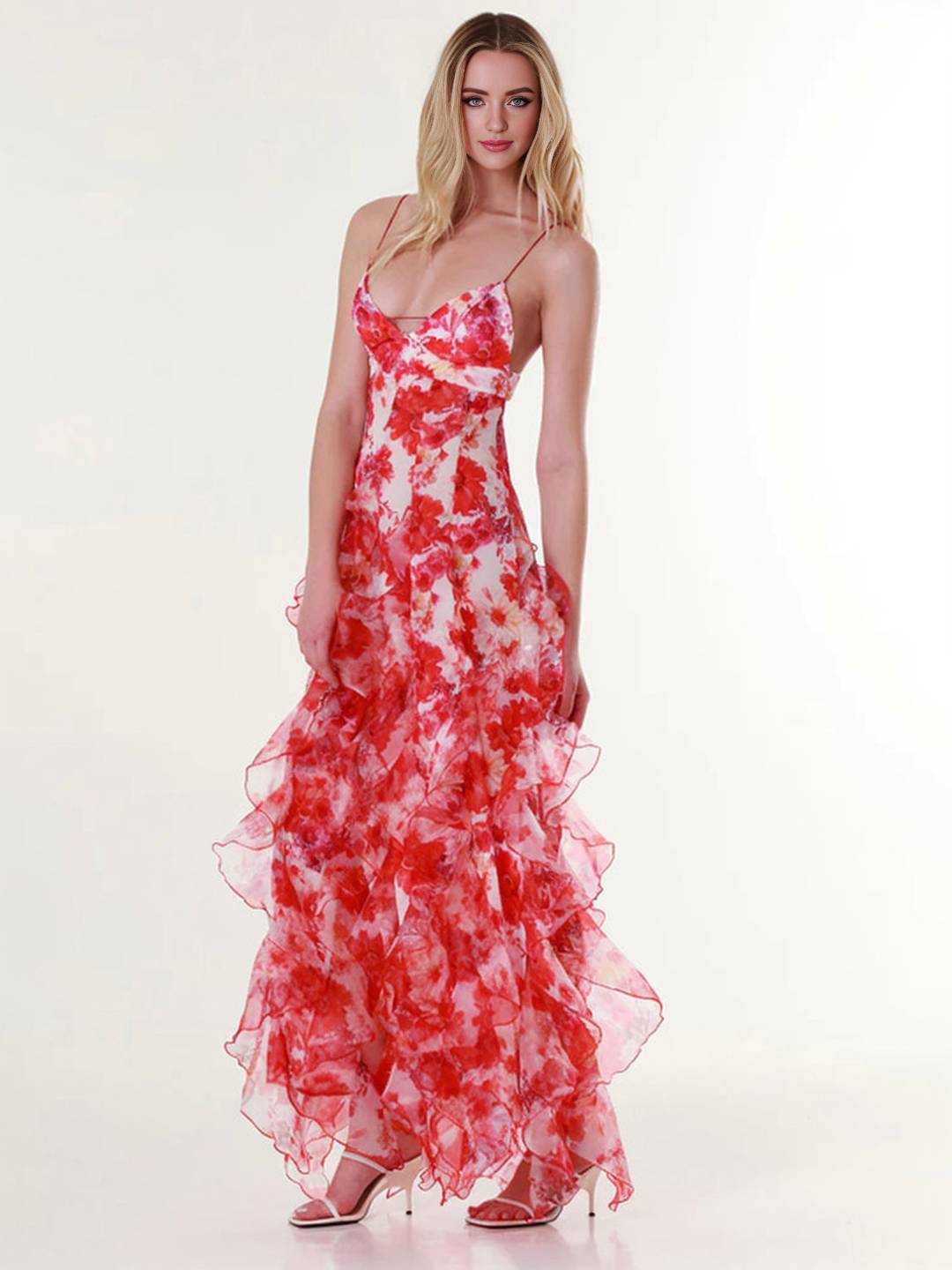 Cocolii robe longue mousseline imprimé à fleurie à volantée dos nu v-cou sans manches femme décontracté bal de promo de plage