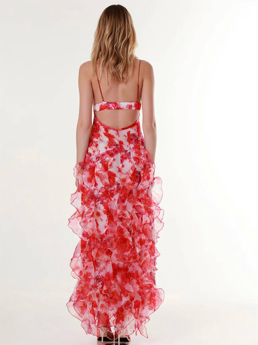 Cocolii robe longue mousseline imprimé à fleurie à volantée dos nu v-cou sans manches femme décontracté bal de promo de plage