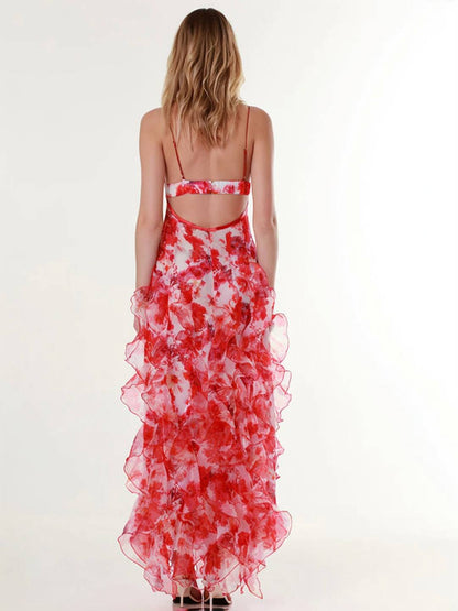 Cocolii robe longue mousseline imprimé à fleurie à volantée dos nu v-cou sans manches femme décontracté bal de promo de plage