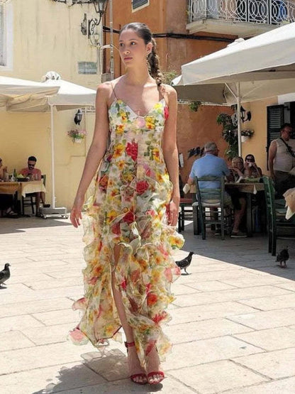 Cocolii robe longue mousseline imprimé à fleurie à volantée dos nu v-cou sans manches femme décontracté bal de promo de plage