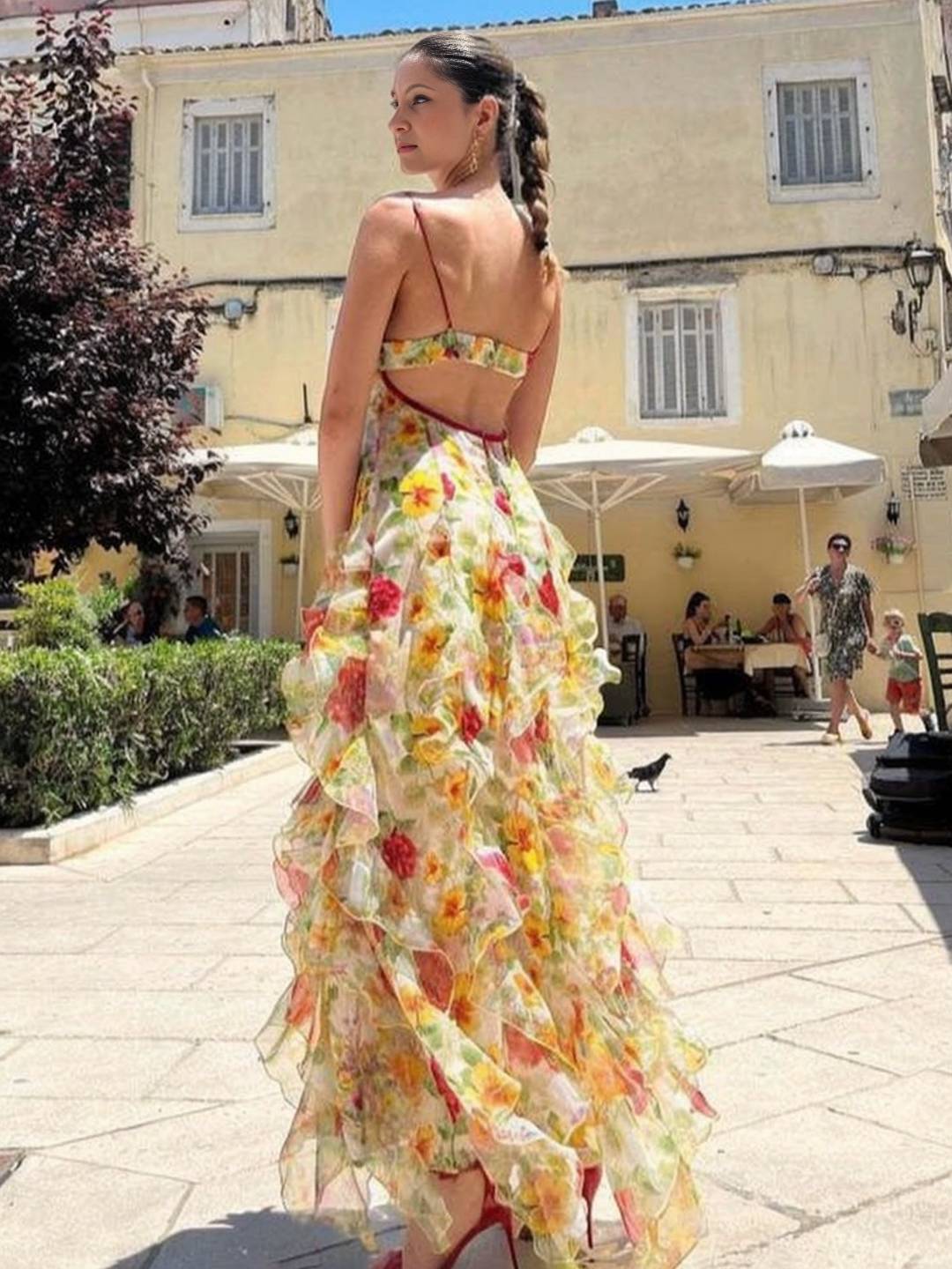 Cocolii robe longue mousseline imprimé à fleurie à volantée dos nu v-cou sans manches femme décontracté bal de promo de plage