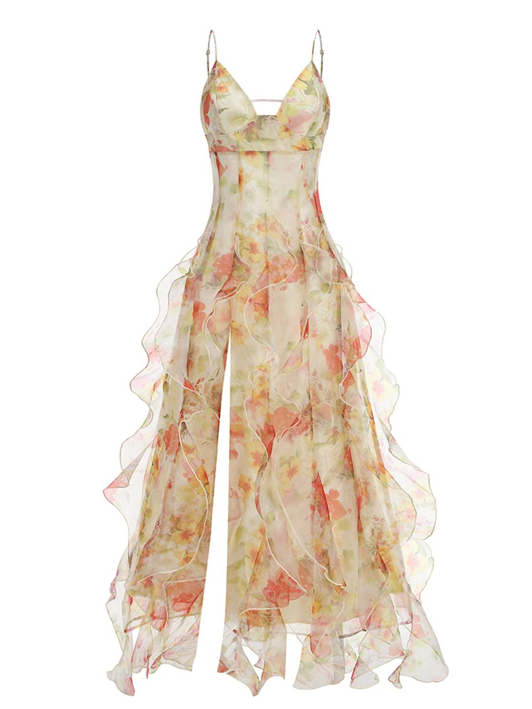 Cocolii robe longue mousseline imprimé à fleurie à volantée dos nu v-cou sans manches femme décontracté bal de promo de plage