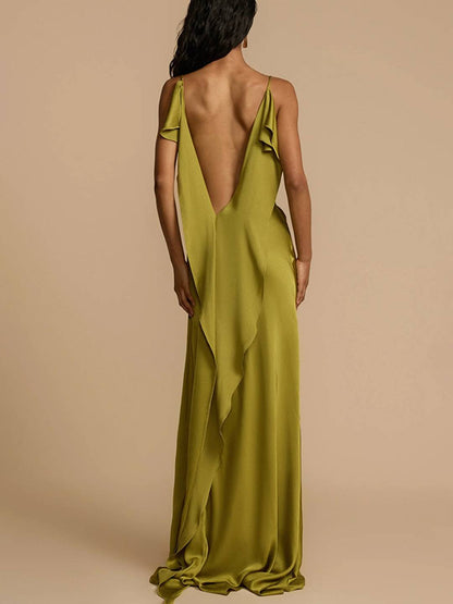 Cocolii robe longue en satin v-cou fendu décolleté dos nu à fines brides sans manches élégant al de promo de plage vert matcha
