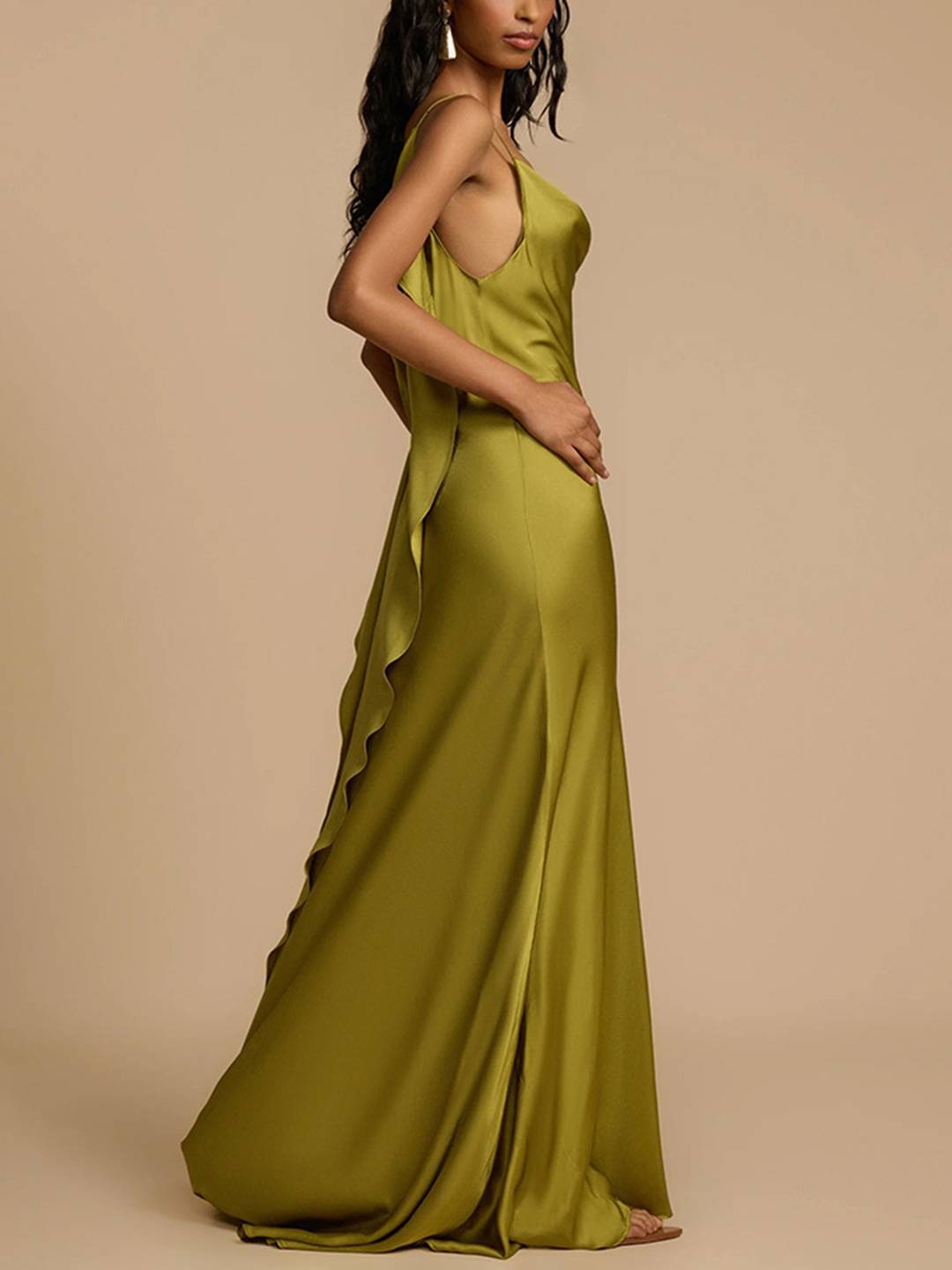 Cocolii robe longue en satin v-cou fendu décolleté dos nu à fines brides sans manches élégant al de promo de plage vert matcha