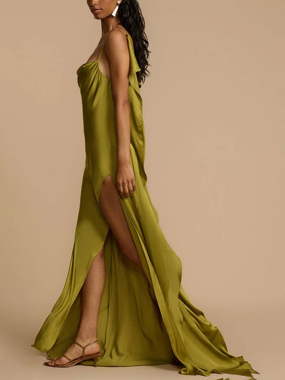 Cocolii robe longue en satin v-cou fendu décolleté dos nu à fines brides sans manches élégant al de promo de plage vert matcha