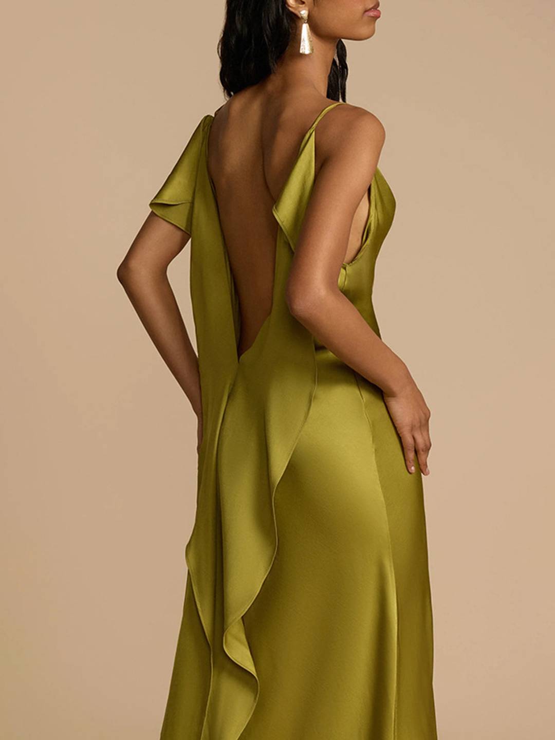 Cocolii robe longue en satin v-cou fendu décolleté dos nu à fines brides sans manches élégant al de promo de plage vert matcha