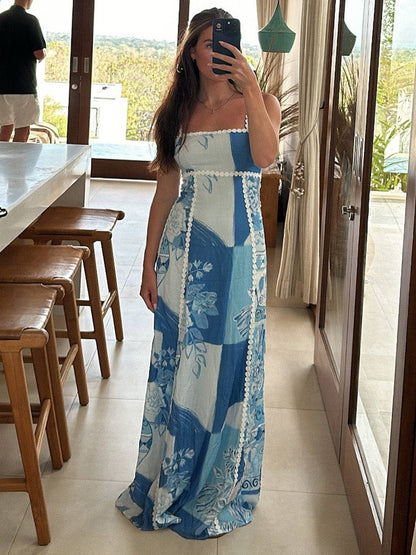 Cocolii robe longue moulante découpes imprimé à fleurie dos nu à fines brides sans manches femme décontracté bal de promo de plage