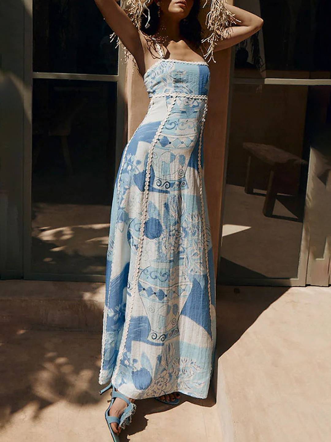 Cocolii robe longue moulante découpes imprimé à fleurie dos nu à fines brides sans manches femme décontracté bal de promo de plage