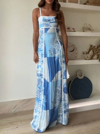 Cocolii robe longue moulante découpes imprimé à fleurie dos nu à fines brides sans manches femme décontracté bal de promo de plage