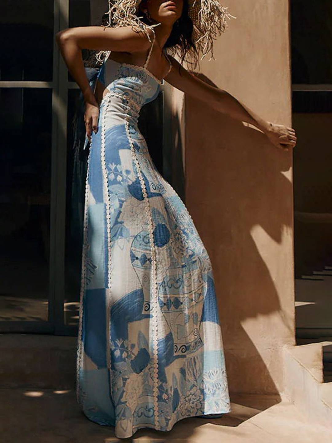 Cocolii robe longue moulante découpes imprimé à fleurie dos nu à fines brides sans manches femme décontracté bal de promo de plage