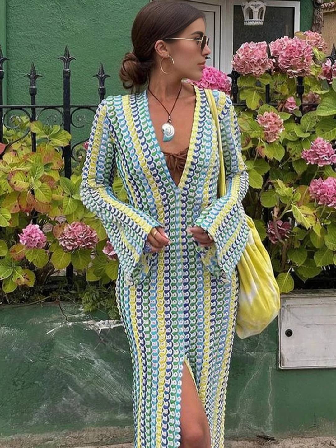 Cocolii robe longue en crochet décolleté plongeant imprimé à fleurie fendu manches longues bohème décontracté de plage pour l'été
