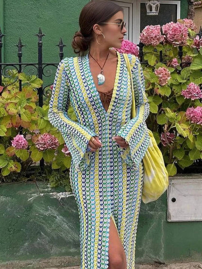 Cocolii robe longue en crochet décolleté plongeant imprimé à fleurie fendu manches longues bohème décontracté de plage pour l'été