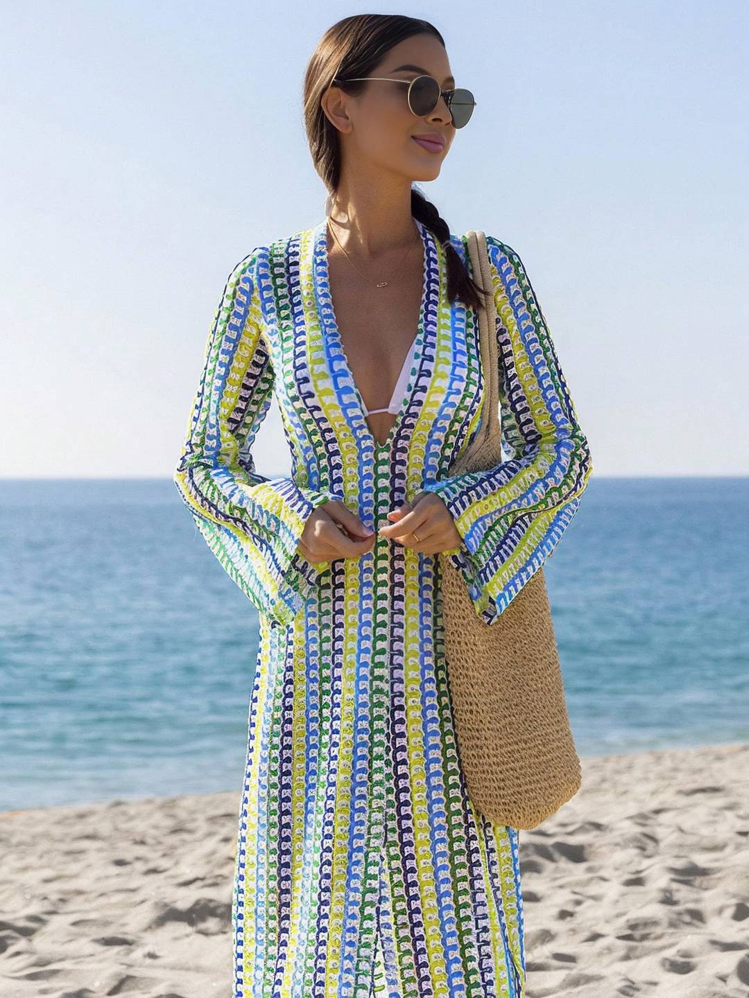 Cocolii robe longue en crochet décolleté plongeant imprimé à fleurie fendu manches longues bohème décontracté de plage pour l'été