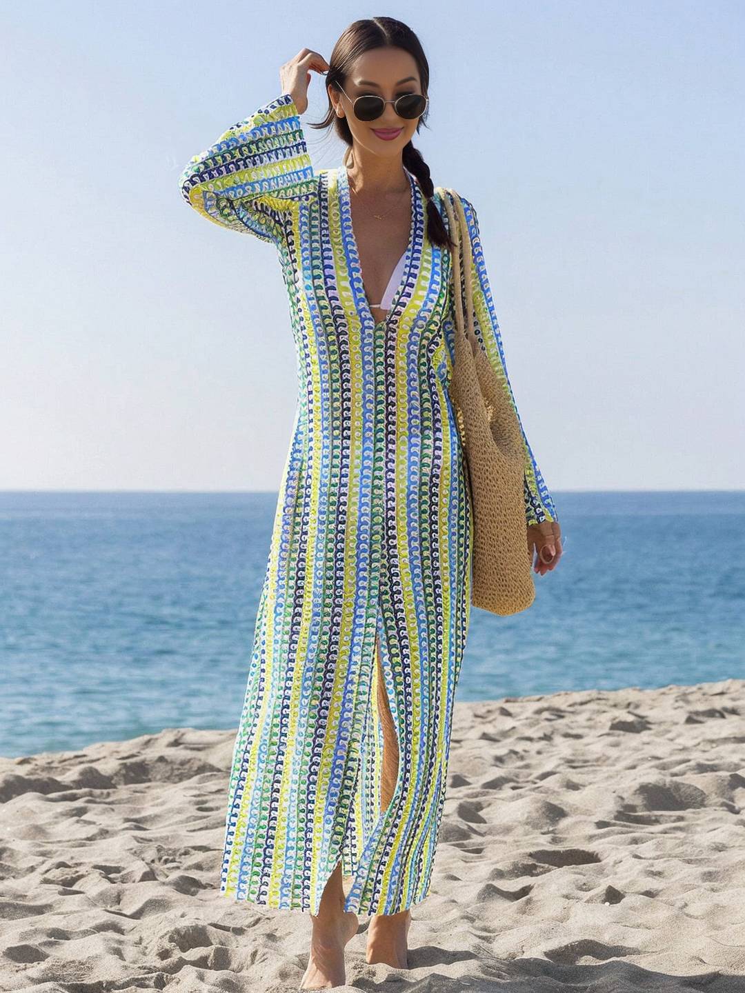 Cocolii robe longue en crochet décolleté plongeant imprimé à fleurie fendu manches longues bohème décontracté de plage pour l'été
