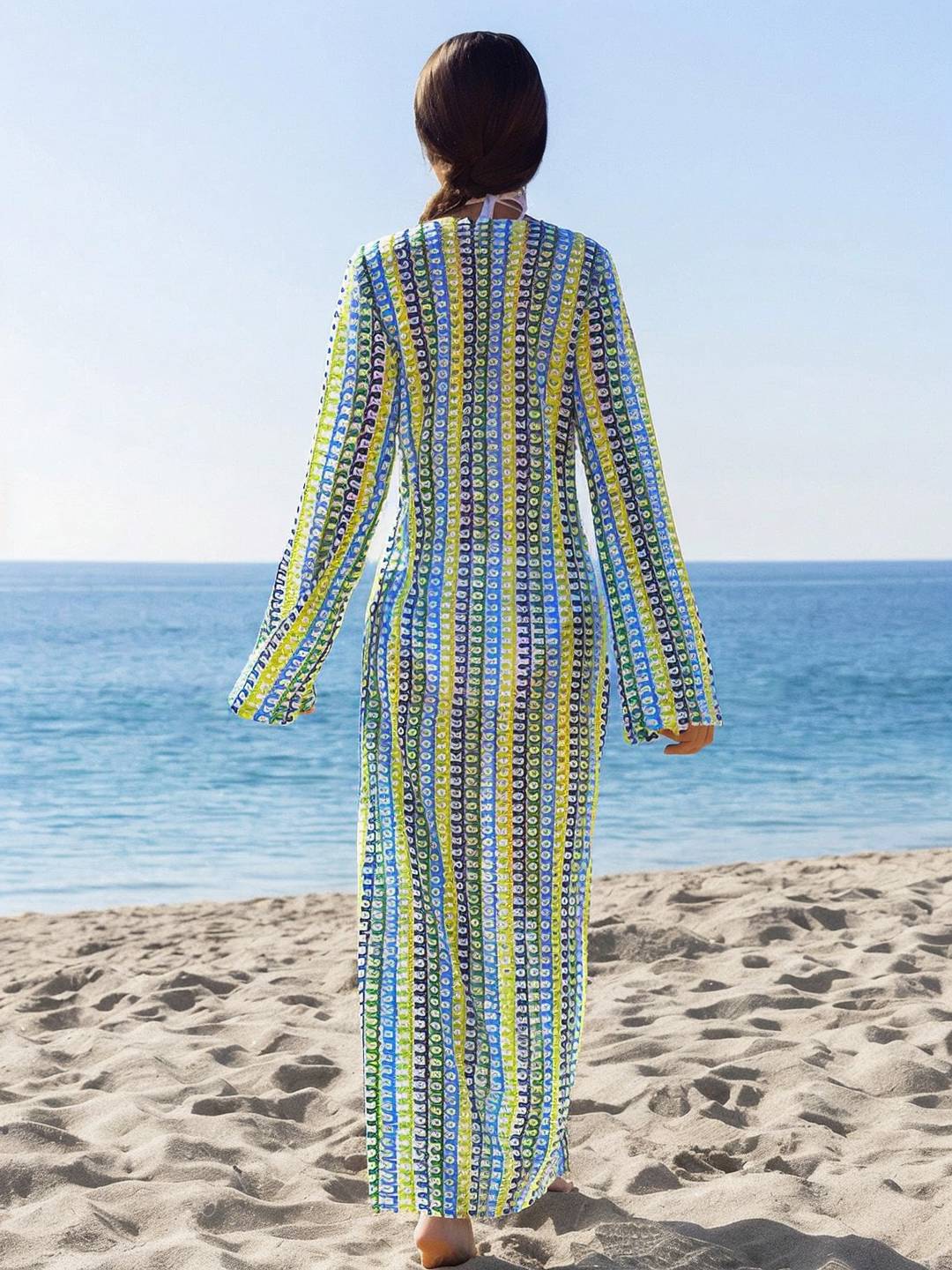 Cocolii robe longue en crochet décolleté plongeant imprimé à fleurie fendu manches longues bohème décontracté de plage pour l'été