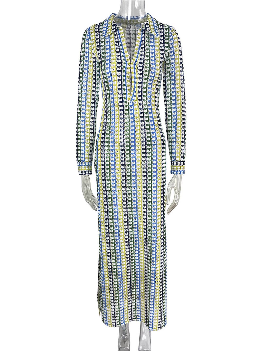 Cocolii robe longue en crochet décolleté plongeant imprimé à fleurie fendu manches longues bohème décontracté de plage pour l'été