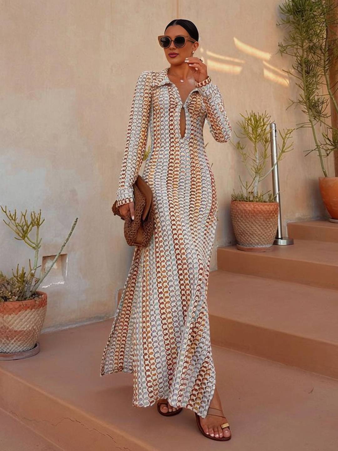 Cocolii robe longue en crochet décolleté plongeant imprimé à fleurie fendu manches longues bohème décontracté de plage pour l'été