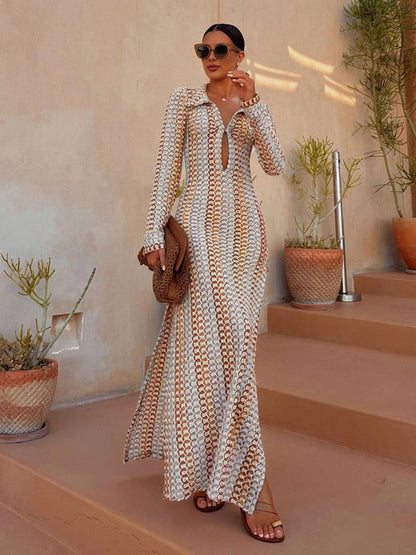 Cocolii robe longue en crochet décolleté plongeant imprimé à fleurie fendu manches longues bohème décontracté de plage pour l'été