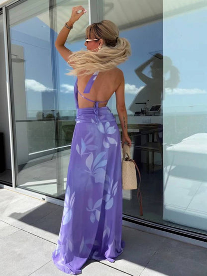 Cocolii robe longue imprimé à fleurie licou décolleté plongeant dos nu sans manches élégant décontracté hawaienne de soirée plage l'été