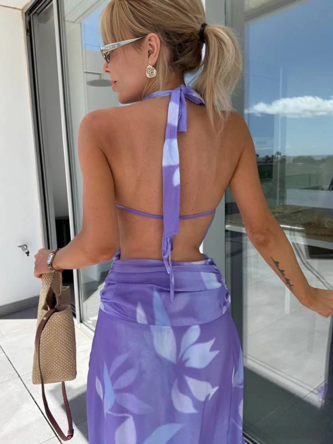 Cocolii robe longue imprimé à fleurie licou décolleté plongeant dos nu sans manches élégant décontracté hawaienne de soirée plage l'été