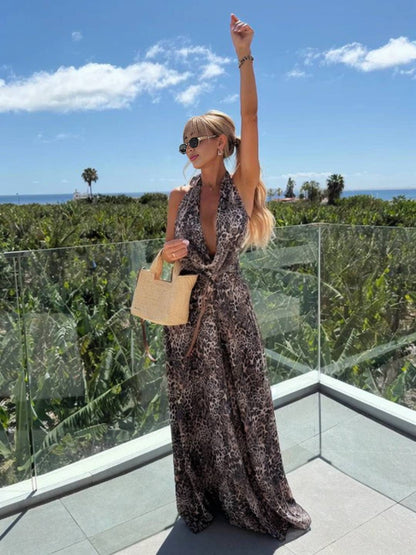 Cocolii robe longue léopard dos nu v-cou licou sans manches femme décontracté de plage style vacances
